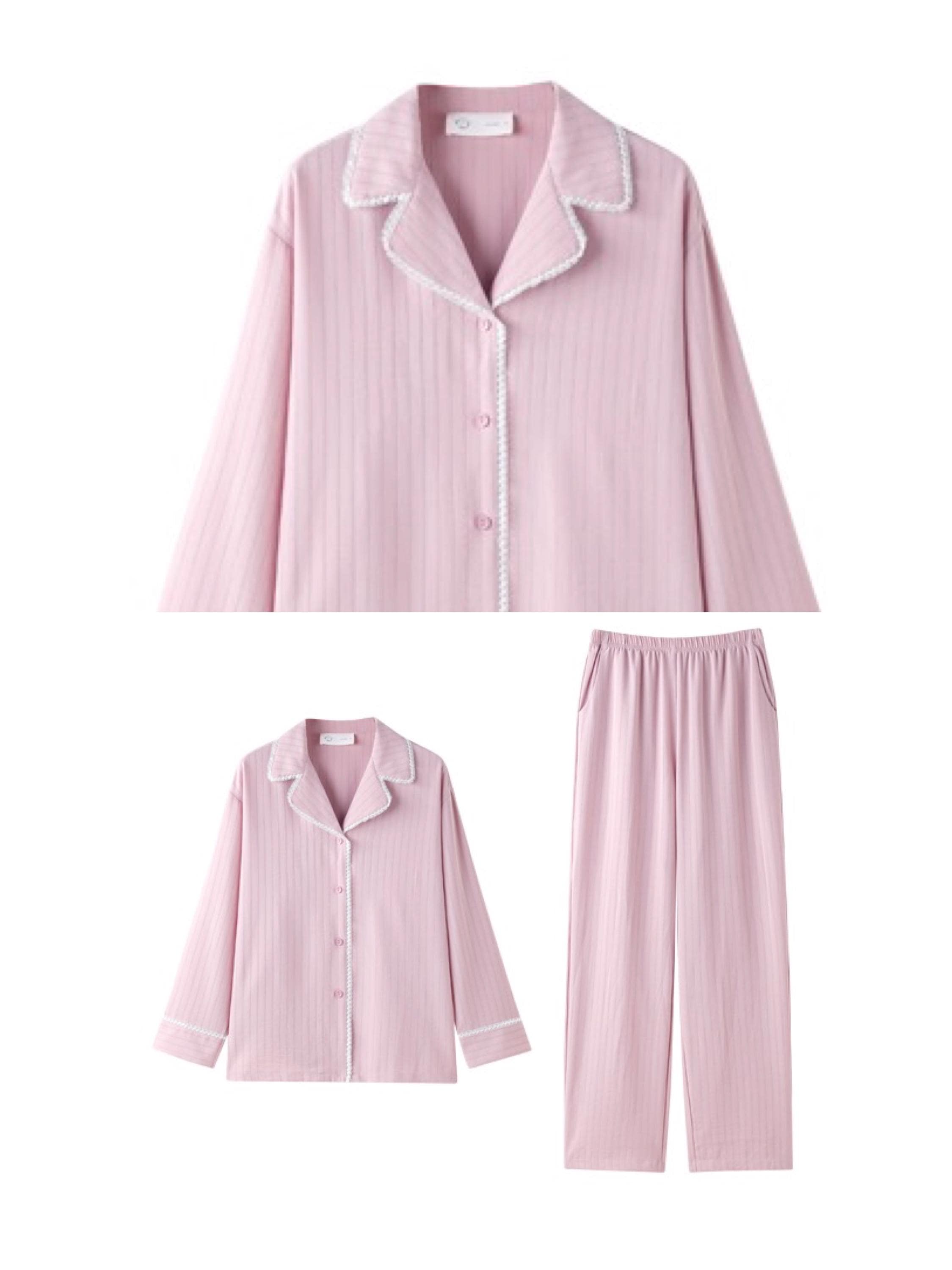 Pink cotton women's pajamas set with lace trim, comfortable lounge sleepwear by Lian Loungewear, perfect for Christmas gift.