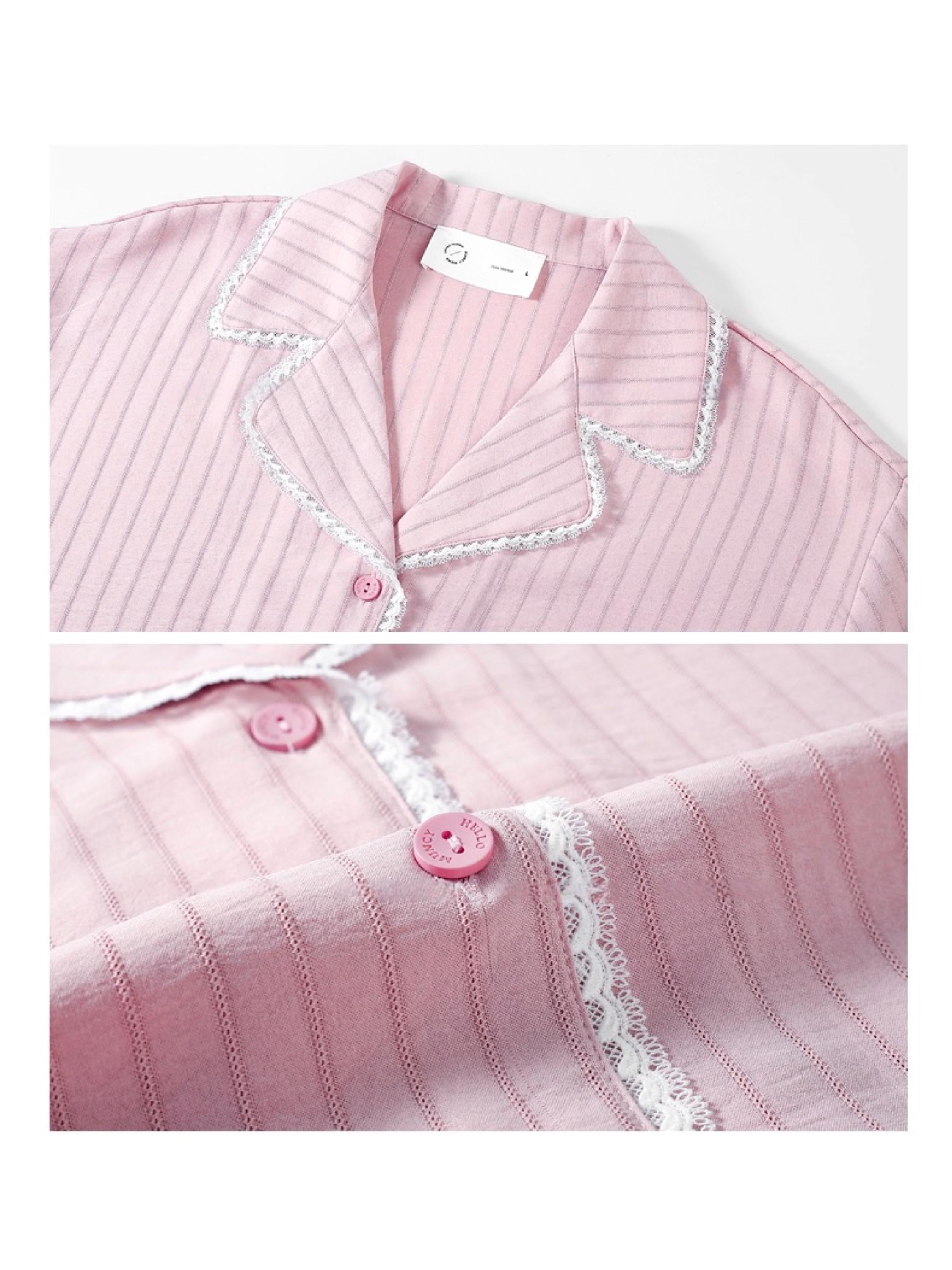 Pink cotton women's pajamas set with lace trim, comfortable lounge sleepwear by Lian Loungewear, ideal for Christmas gift.
