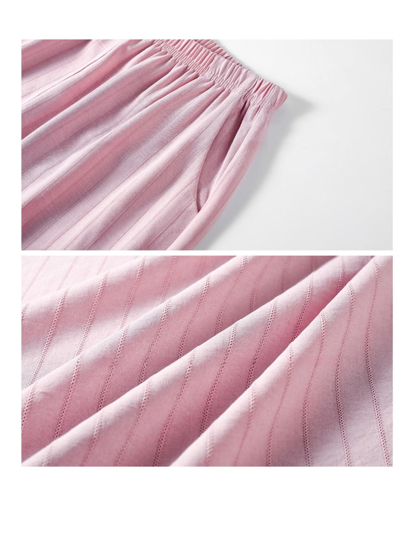 Pink cotton pajamas set for women with lace trim, comfortable lounge sleepwear by Lian Loungewear.