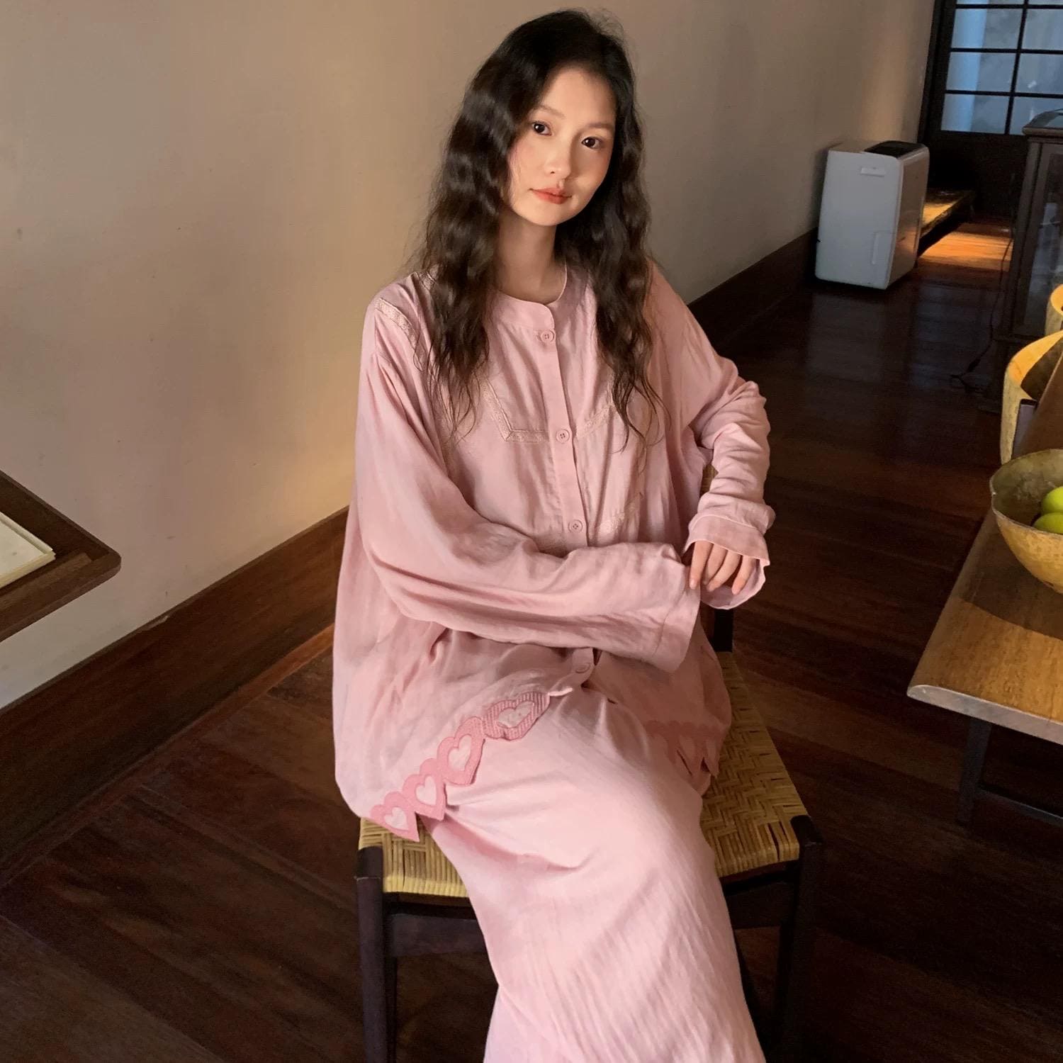 Pink embroidered heart bamboo cotton sleepwear set by Lian Loungewear, featuring soft fabric and delicate embroidery details.