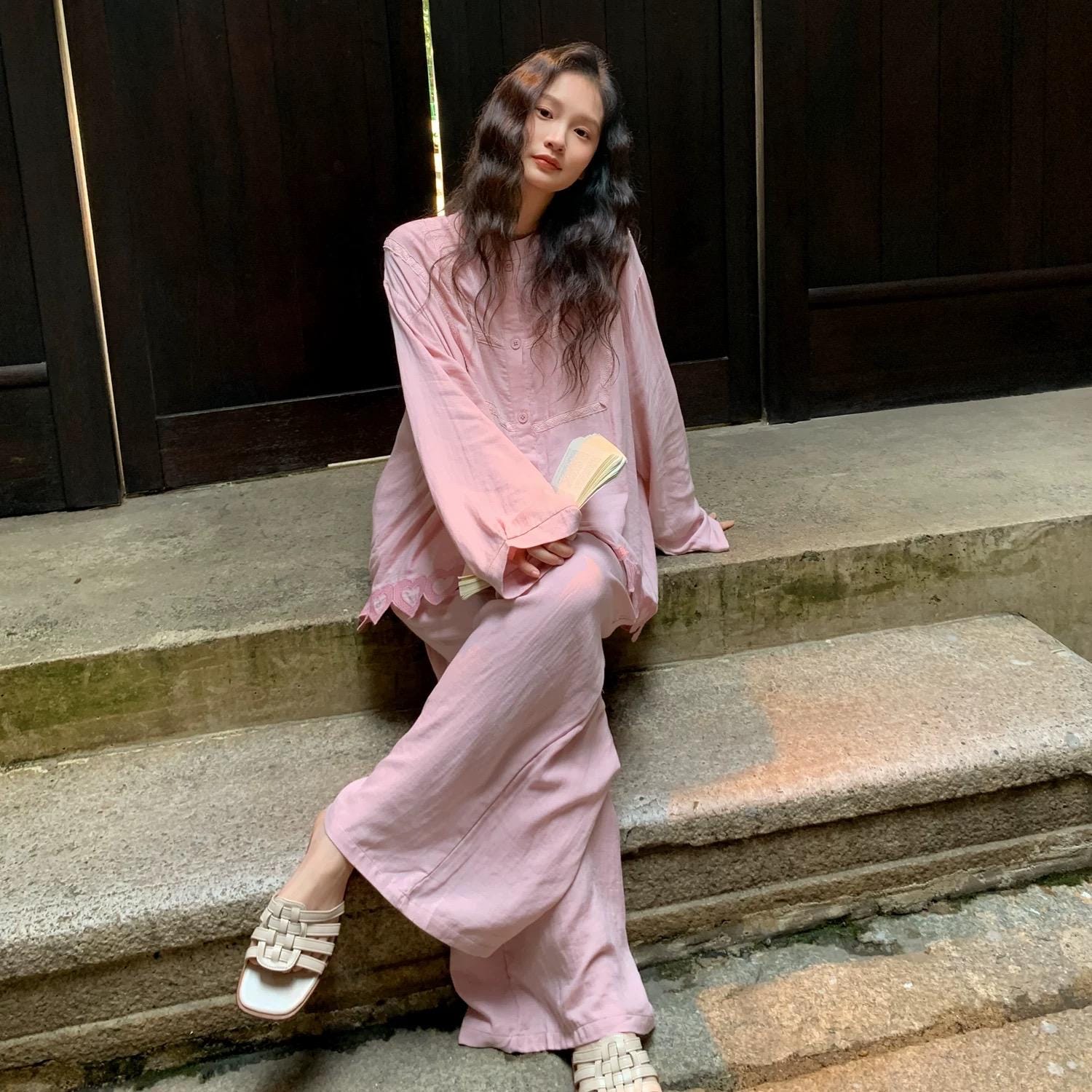 Pink embroidered heart bamboo cotton sleepwear set by Lian Loungewear, featuring comfortable, soft fabric and delicate embroidery details.