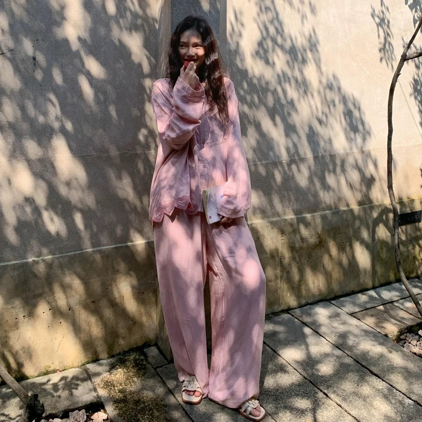 Pink embroidered heart bamboo cotton sleepwear set by Lian Loungewear, featuring a comfortable, stylish pajama top and bottoms.