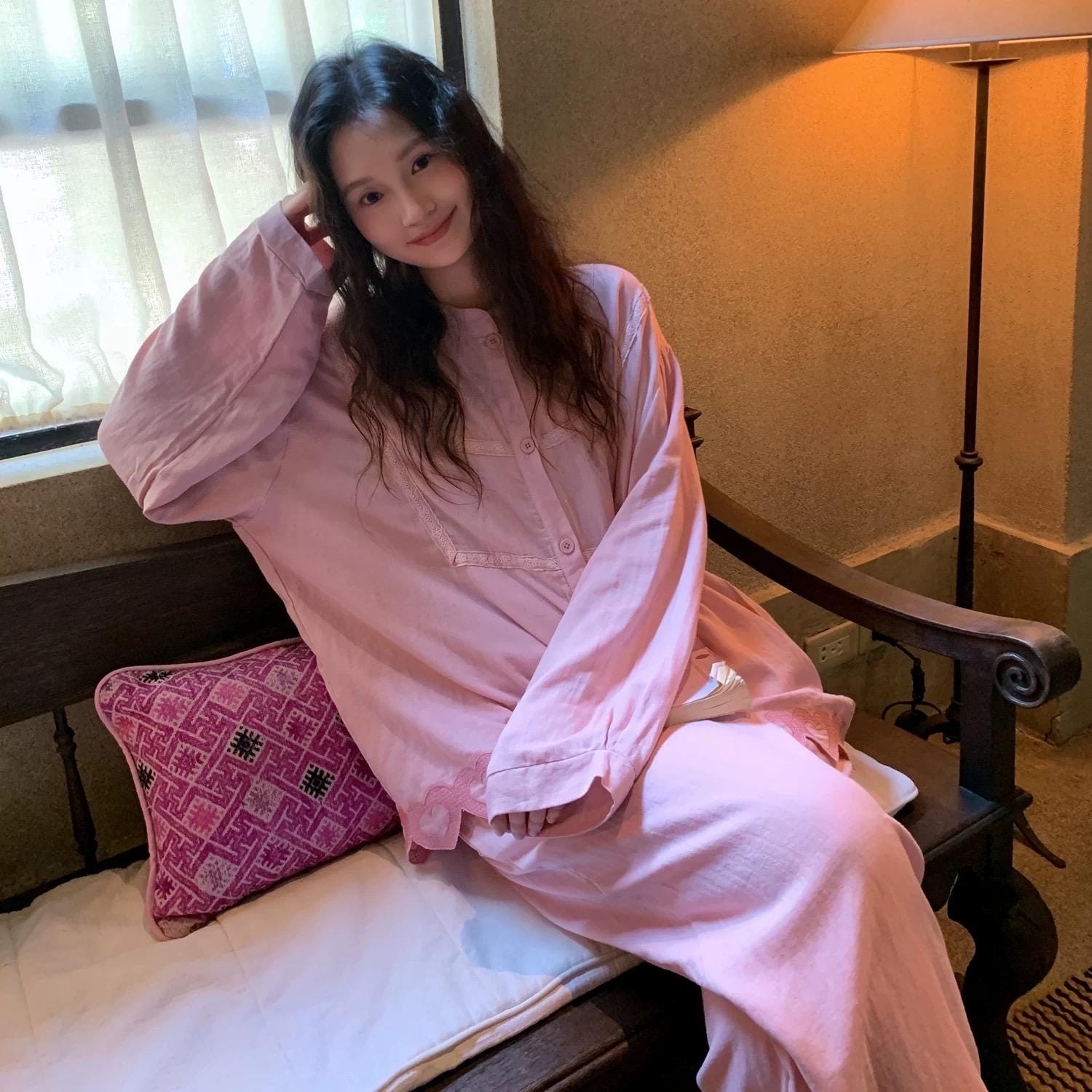 Pink embroidered heart bamboo cotton sleepwear set by Lian Loungewear featuring soft, comfortable fabric and delicate embroidery details.