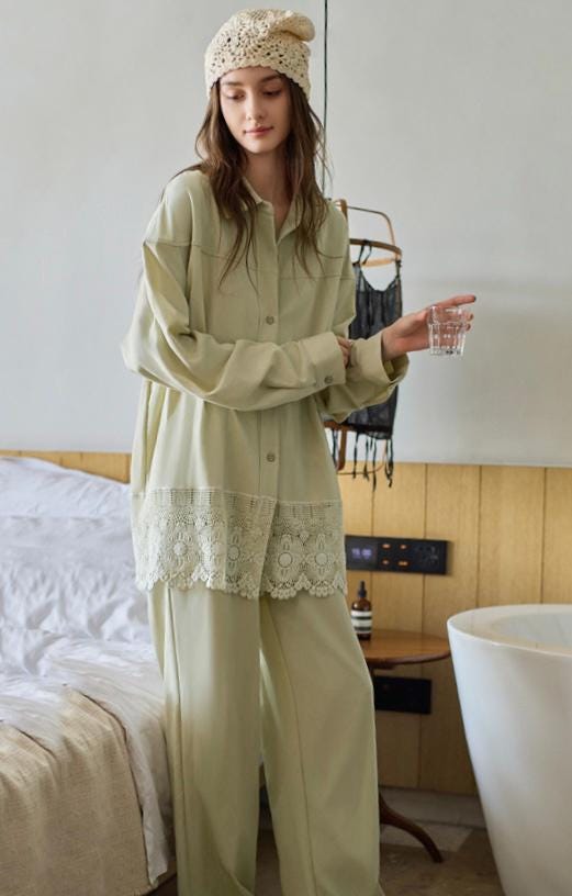 Lian Loungewear women's sage cotton loungewear set with lace hem, two-piece pajamas, comfortable and stylish for relaxing at home.