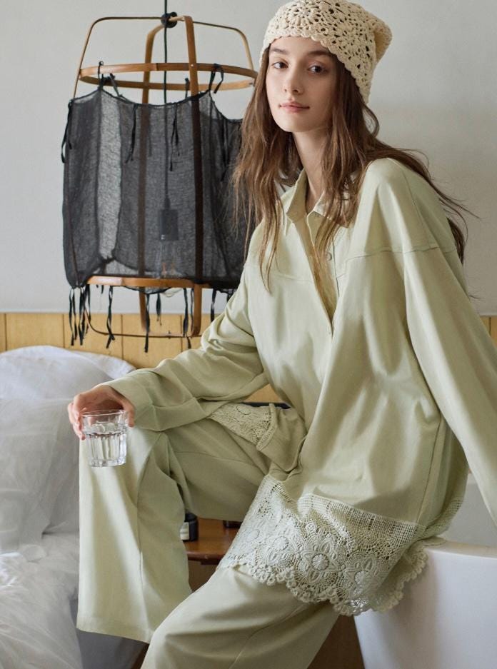 Lian Loungewear sage cotton loungewear set with lace hem, women's two-piece pajamas, soft and comfortable for relaxing.