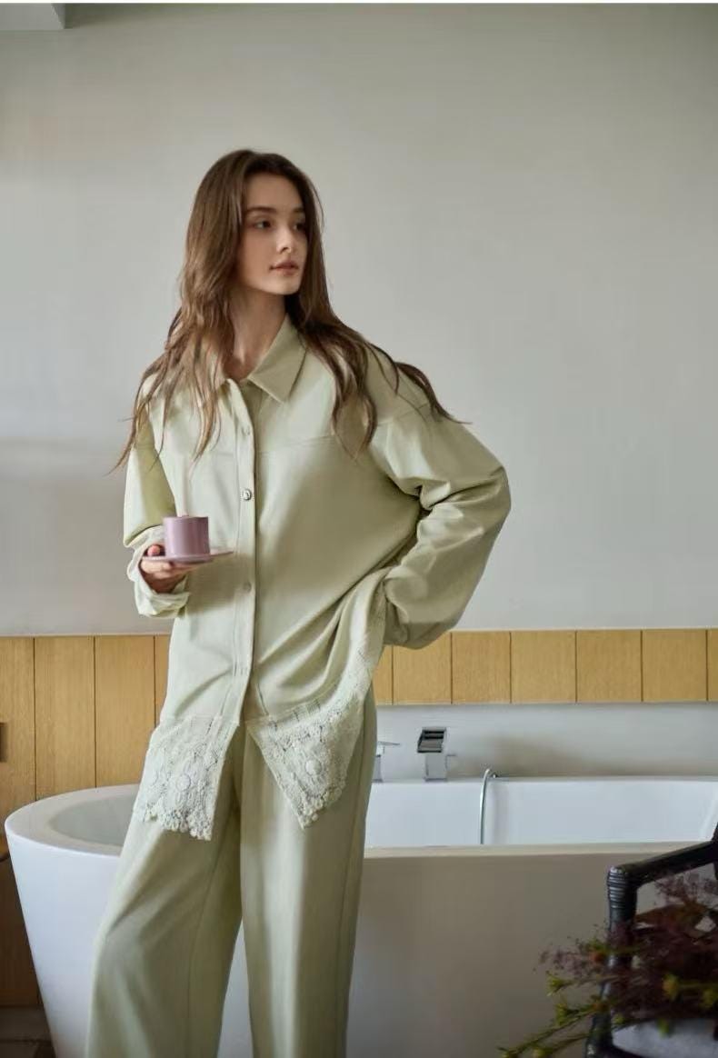 Lian Loungewear women's sage cotton loungewear set with lace hem, two-piece pajamas, comfortable and stylish for relaxing evenings.