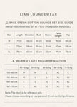 Lian Loungewear women's sage cotton loungewear set with lace hem, two-piece pajama set, comfortable and stylish for relaxing at home.