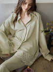Lian Loungewear women's sage cotton loungewear set with lace hem, includes a matching two-piece pajama top and pants.