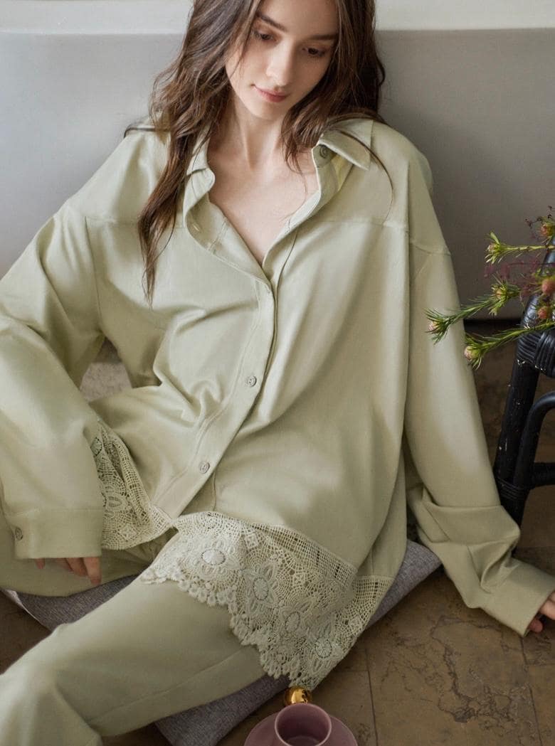 Lian Loungewear women's sage cotton loungewear set with lace hem, includes a matching two-piece pajama top and pants.