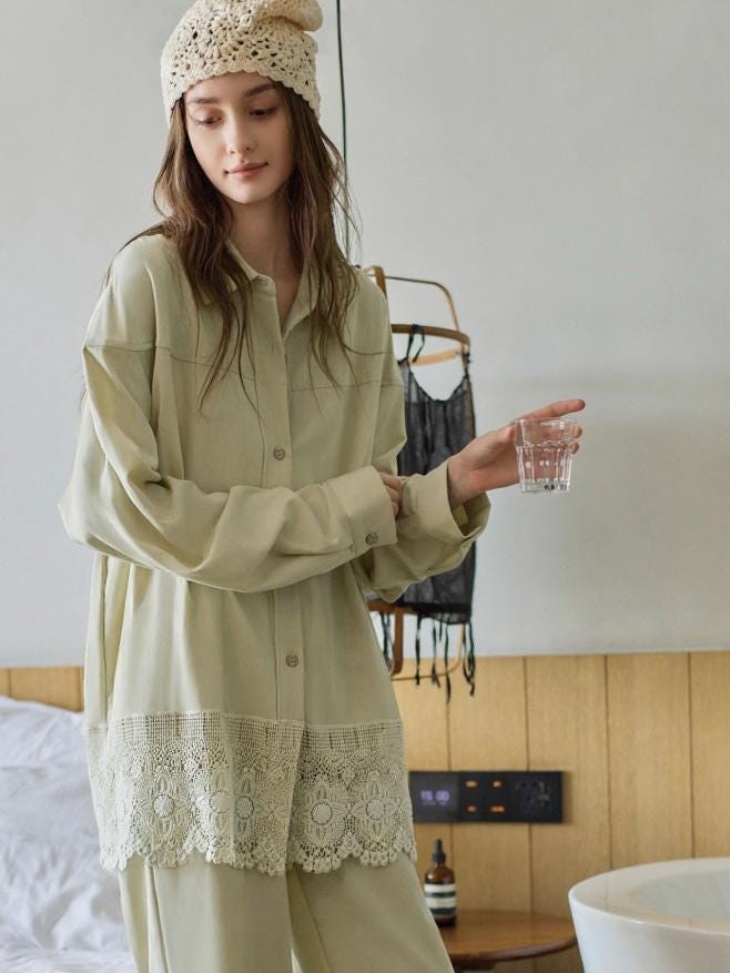 Lian Loungewear women's sage cotton loungewear set with lace hem, two-piece pajamas, comfortable and stylish for relaxing.