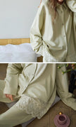 Lian Loungewear Sage cotton loungewear set with lace hem, women's two-piece pajamas, comfortable and stylish for relaxing nights.