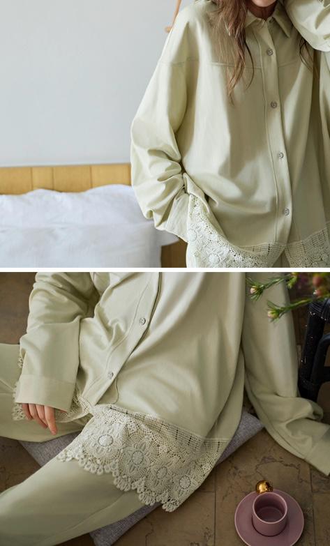 Lian Loungewear Sage cotton loungewear set with lace hem, women's two-piece pajamas, comfortable and stylish for relaxing nights.