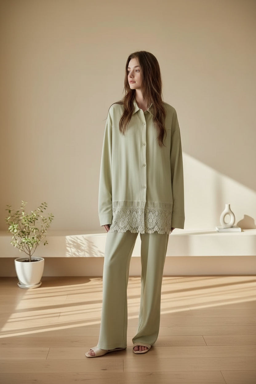 Lian Loungewear Sage cotton loungewear set with lace hem, women's two-piece pajamas, soft and comfortable sleepwear ensemble.
