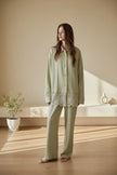 Lian Loungewear Sage cotton loungewear set with lace hem, women's two-piece pajamas, soft and comfortable sleepwear ensemble.