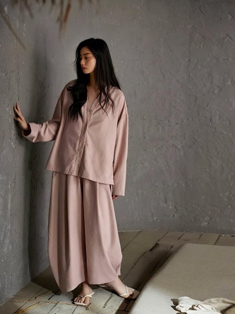 Soft cotton pajama set by Lian Loungewear featuring a kimono collar, bra lining, and comfortable loungewear design.
