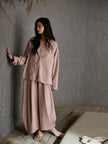 Soft cotton pajama set by Lian Loungewear featuring a kimono collar, bra lining, and comfortable loungewear design.