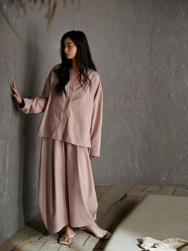 Soft cotton pajama set by Lian Loungewear featuring a kimono collar, bra lining, and comfortable loungewear design.