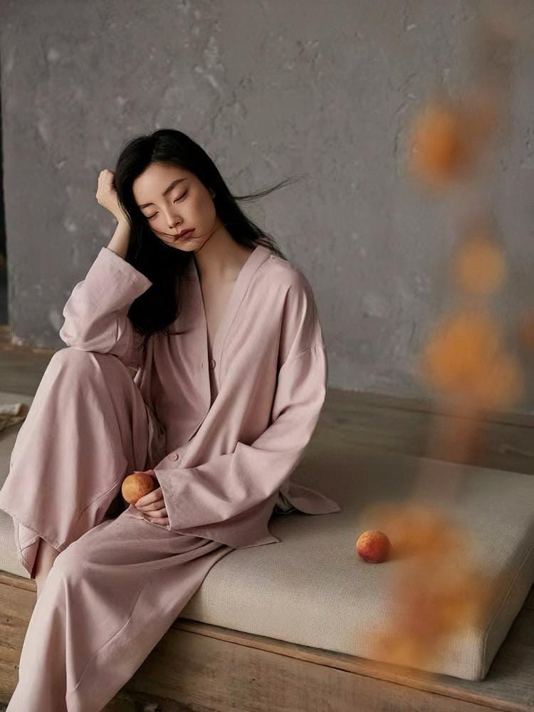 Soft cotton pajama set with kimono collar and built-in bra lining, Lian Loungewear casual loungewear and sleepwear.