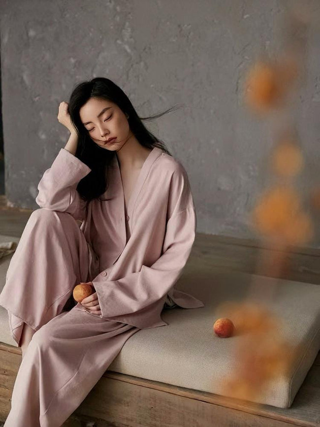 Soft cotton pajama set with kimono collar and built-in bra lining, Lian Loungewear casual loungewear and sleepwear.