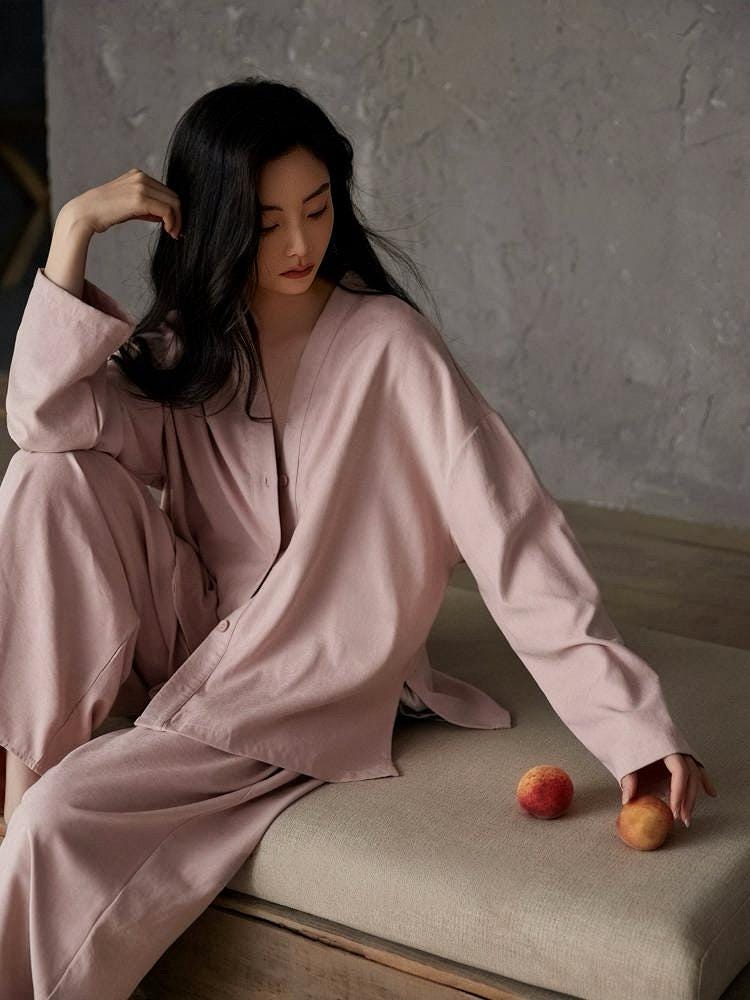 Soft cotton pajama set with kimono collar and built-in bra lining, Lian Loungewear comfortable loungewear for relaxing.