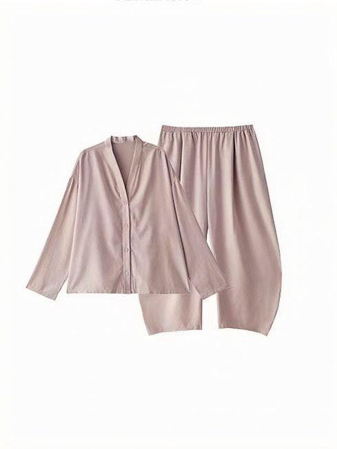 Soft cotton pajama set with kimono collar from Lian Loungewear, featuring built-in bra lining and relaxed loungewear style.