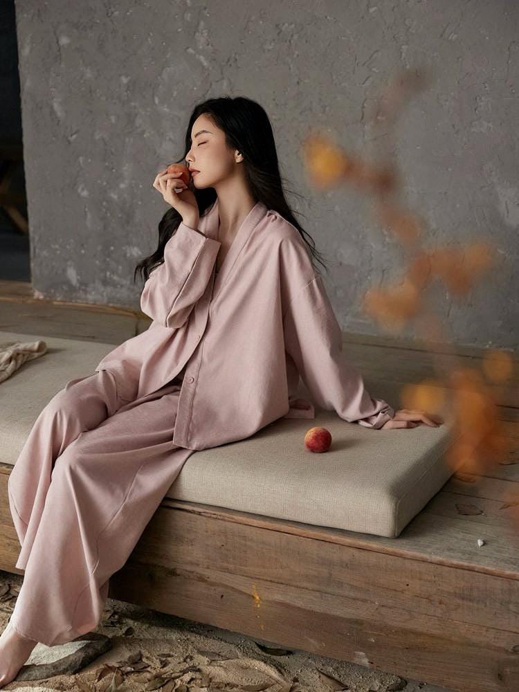 Soft cotton pajama set with kimono collar and built-in bra lining from Lian Loungewear, featuring relaxed loungewear design and comfortable fit.