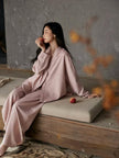 Soft cotton pajama set with kimono collar and built-in bra lining from Lian Loungewear, featuring relaxed loungewear design and comfortable fit.