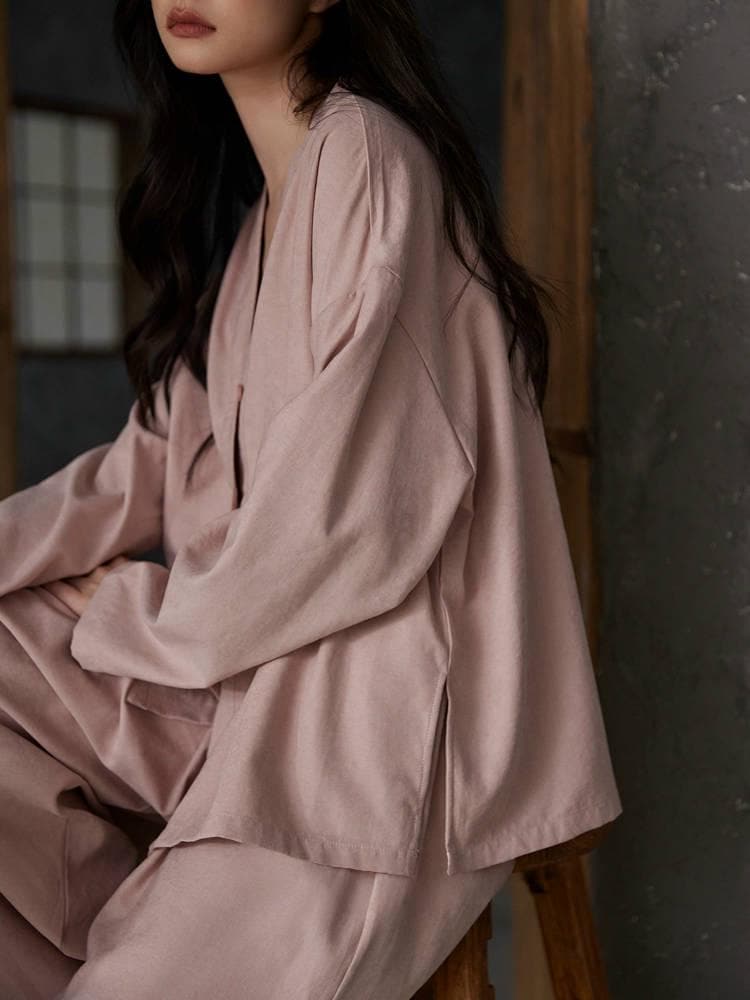 Soft cotton pajama set by Lian Loungewear featuring kimono collar, bra lining, and comfortable loungewear design