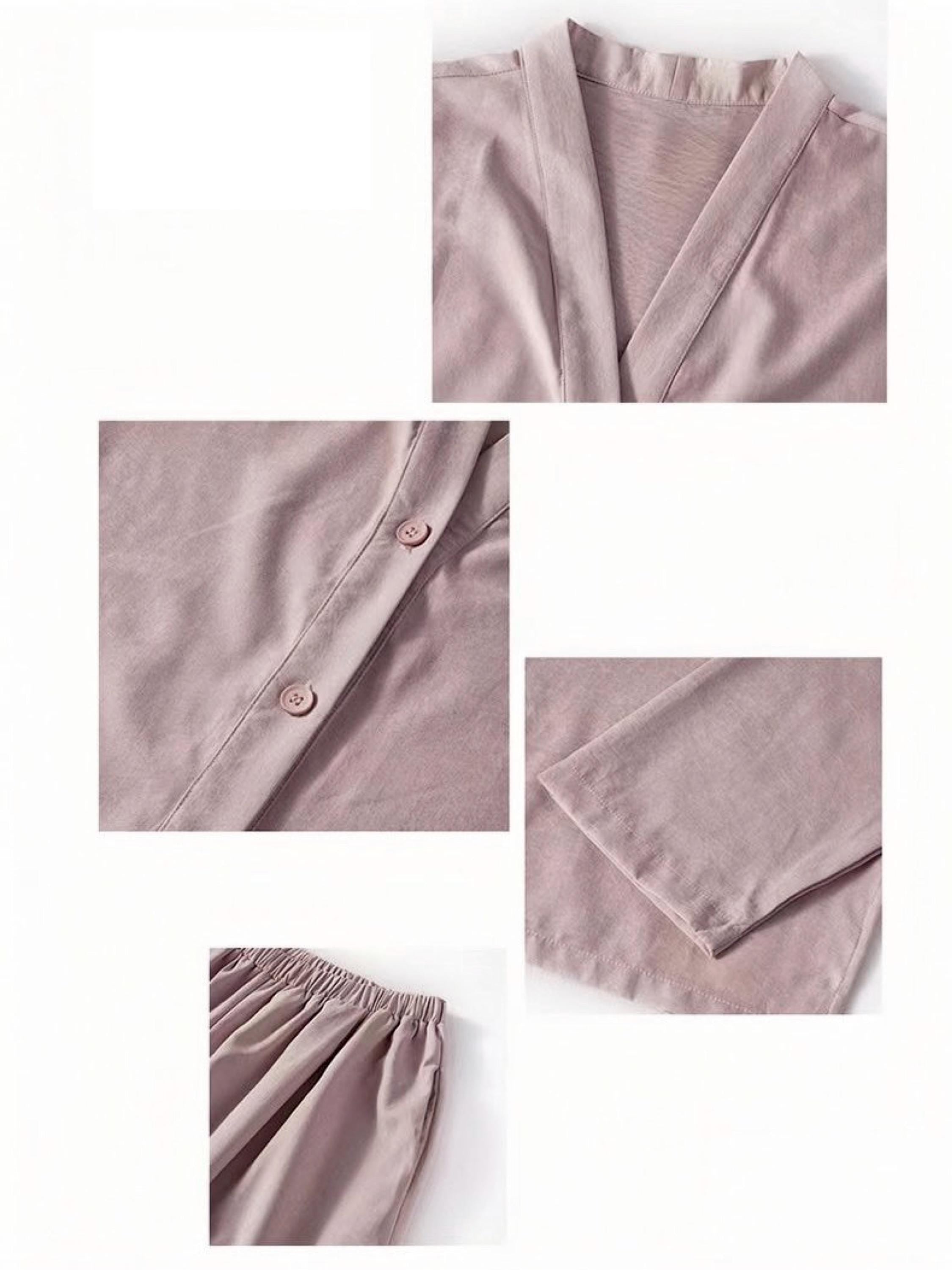 Soft cotton pajama set by Lian Loungewear featuring kimono collar, bra lining, and comfortable loungewear design.