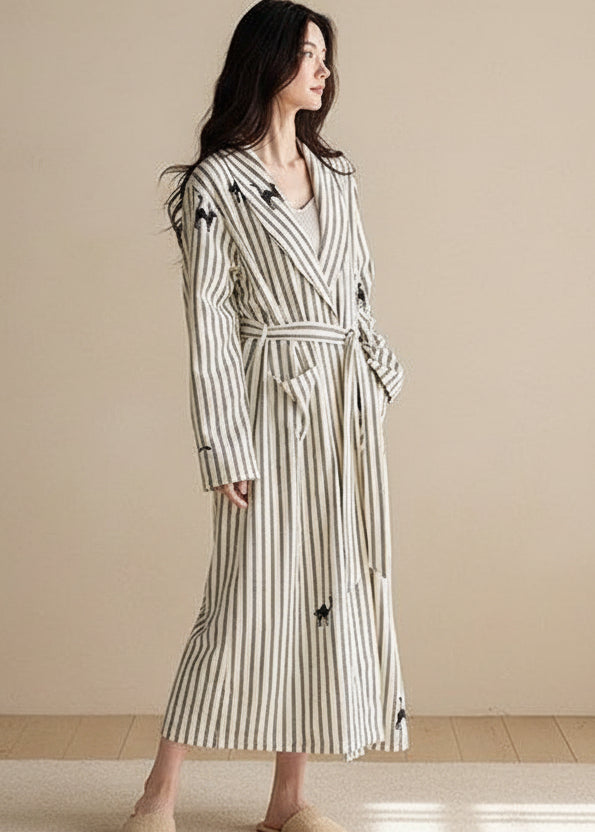 Striped waffle cotton robe by Lian Loungewear with embroidered kitten detail, soft and cozy for comfortable lounging.
