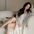 Striped waffle cotton robe by Lian Loungewear with embroidered kitten detail, cozy and comfortable for lounging.