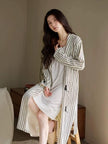 Lian Loungewear striped waffle cotton robe with embroidered kitten, cozy and lightweight loungewear for relaxing at home