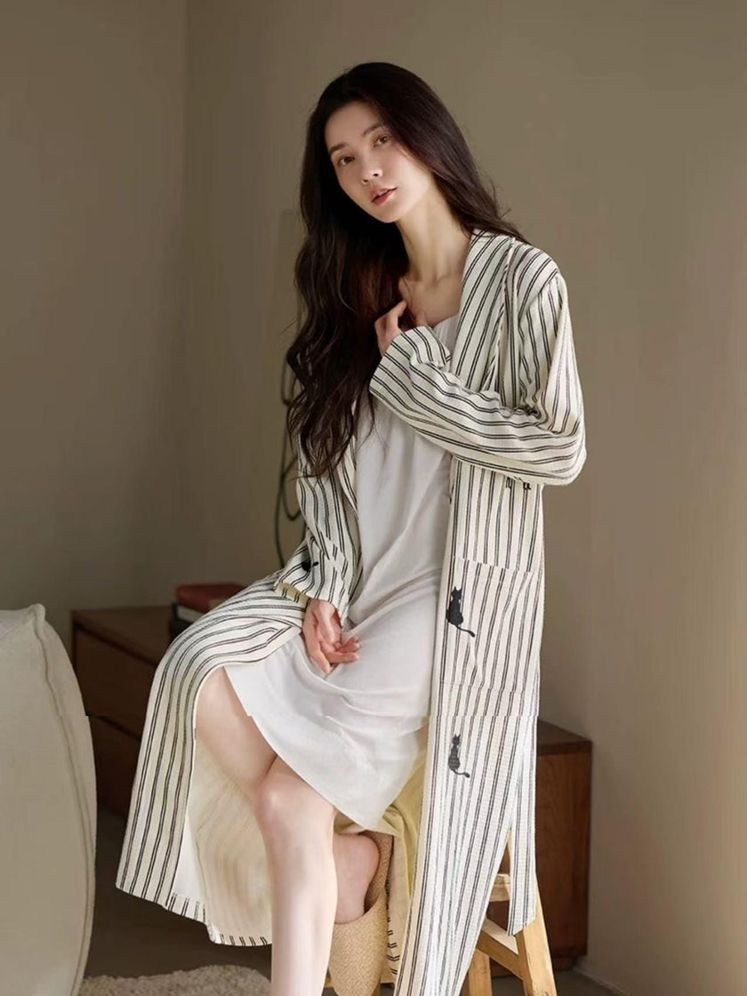 Lian Loungewear striped waffle cotton robe with embroidered kitten, cozy and lightweight loungewear for relaxing at home