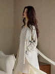 Striped waffle cotton robe by Lian Loungewear with embroidered kitten design, soft and cozy for relaxed wear