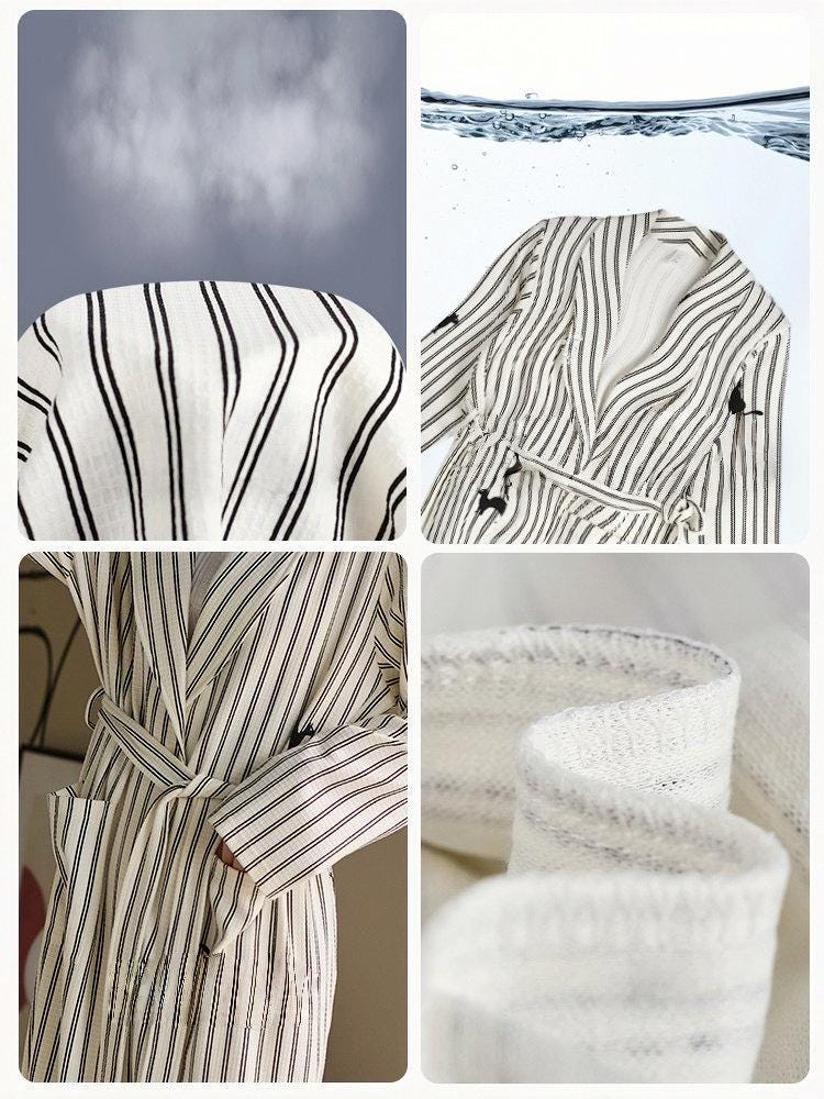 Striped waffle cotton robe by Lian Loungewear featuring embroidered kitten, cozy and lightweight for comfortable lounging.