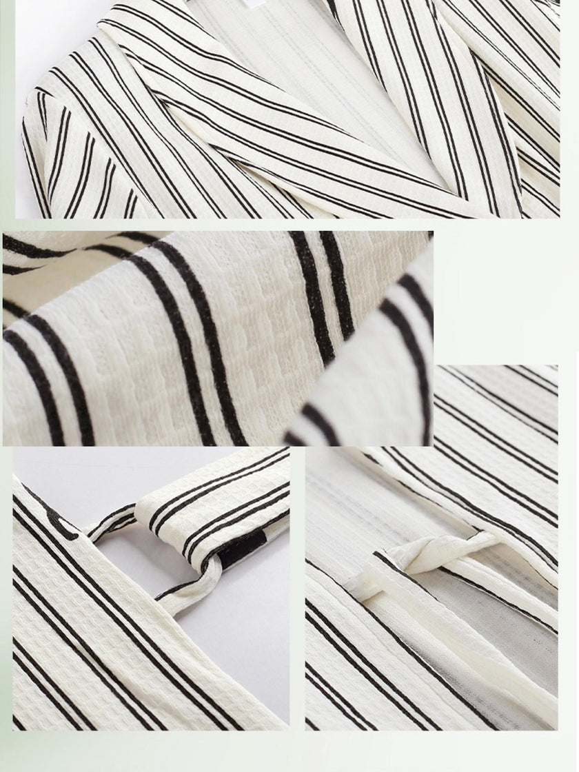 Striped waffle cotton robe from Lian Loungewear featuring embroidered kitten detail, soft and cozy for relaxed wear.