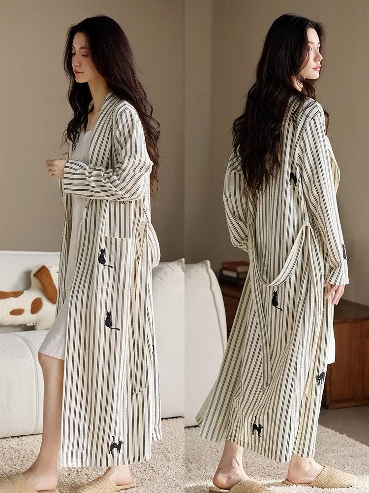 Lian Loungewear striped waffle cotton robe with embroidered kitten, soft and cozy loungewear for relaxed comfort.