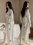 Lian Loungewear striped waffle cotton robe with embroidered kitten, soft and cozy loungewear for relaxed comfort.
