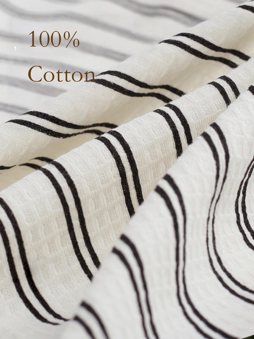 Lian Loungewear striped waffle cotton robe with embroidered kitten, cozy and stylish loungewear for relaxing at home.