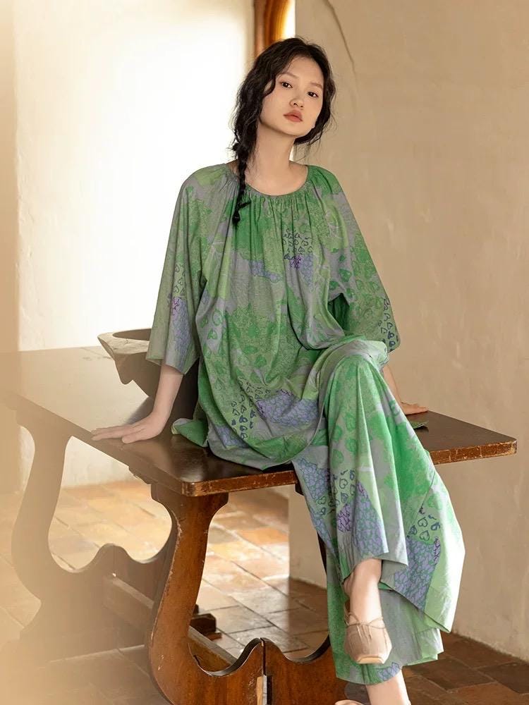 Lian Loungewear bamboo cotton loungewear set with green botanical print, oversized fit, includes matching pants and top.