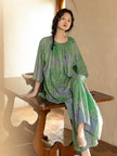 Lian Loungewear bamboo cotton loungewear set with green botanical print, oversized fit, includes matching pants and top.