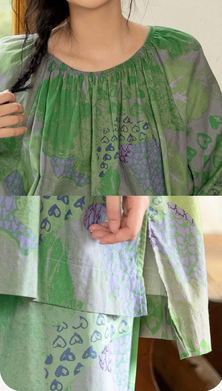 Green bamboo cotton loungewear set with botanical print, oversized fit, by Lian Loungewear, featuring relaxed pants and matching top.
