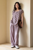 Lian Loungewear embroidered bamboo cotton pajama set with matching pants, soft and comfortable sleepwear for women.
