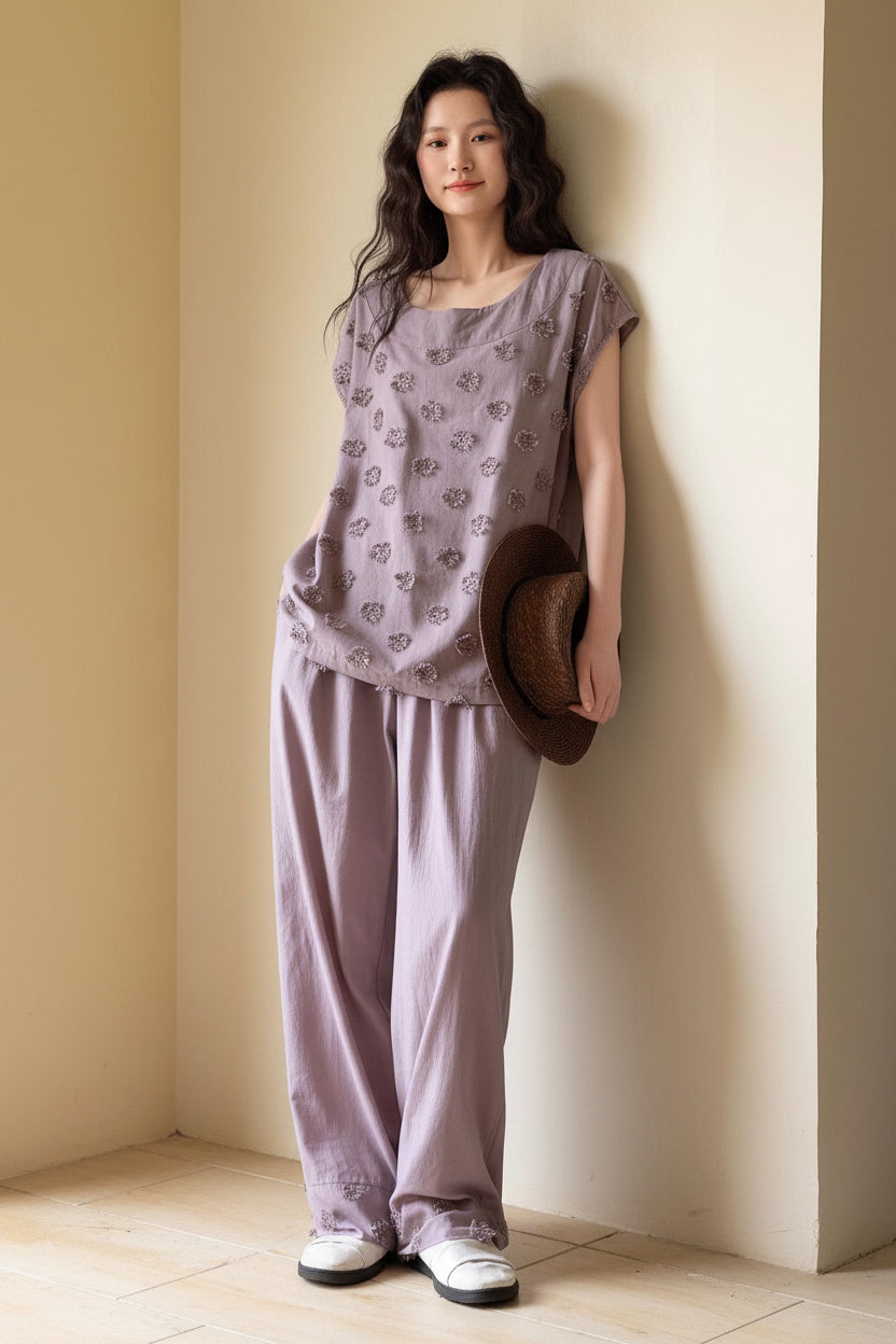 Lian Loungewear embroidered bamboo cotton pajama set with matching pants, soft and comfortable sleepwear for women.