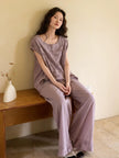 Lian Loungewear embroidered bamboo cotton pajama set with matching pants, soft and comfortable for relaxed sleepwear.