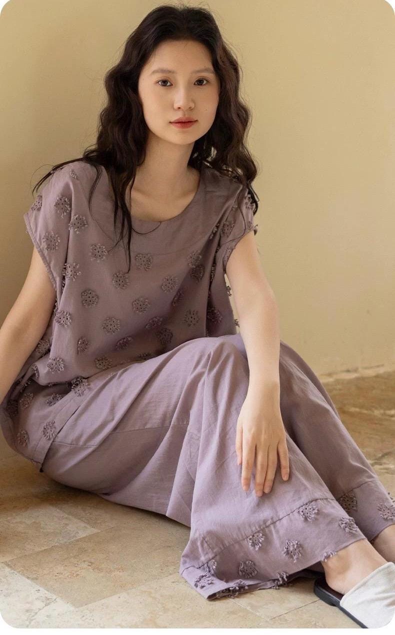 Lian Loungewear embroidered bamboo cotton pajama set featuring a comfortable pants and top design for relaxed sleepwear.