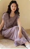 Lian Loungewear embroidered bamboo cotton pajama set featuring a comfortable pants and top design for relaxed sleepwear.