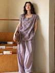 Lian Loungewear embroidered bamboo cotton pajama set with matching top and pants, soft and comfortable sleepwear for women.