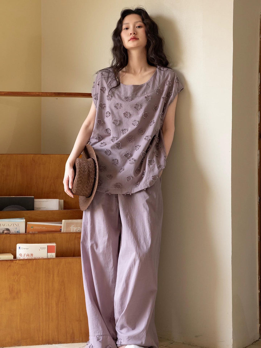 Lian Loungewear embroidered bamboo cotton pajama set with matching top and pants, soft and comfortable sleepwear for women.