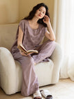 Lian Loungewear embroidered bamboo cotton pajama set with matching pants and top, soft and comfortable for relaxed nights.